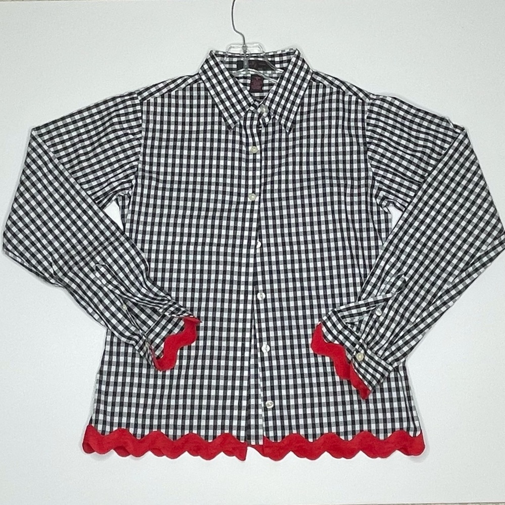 Pearly Vine B&W Gingham Shirt, Red Trim, S